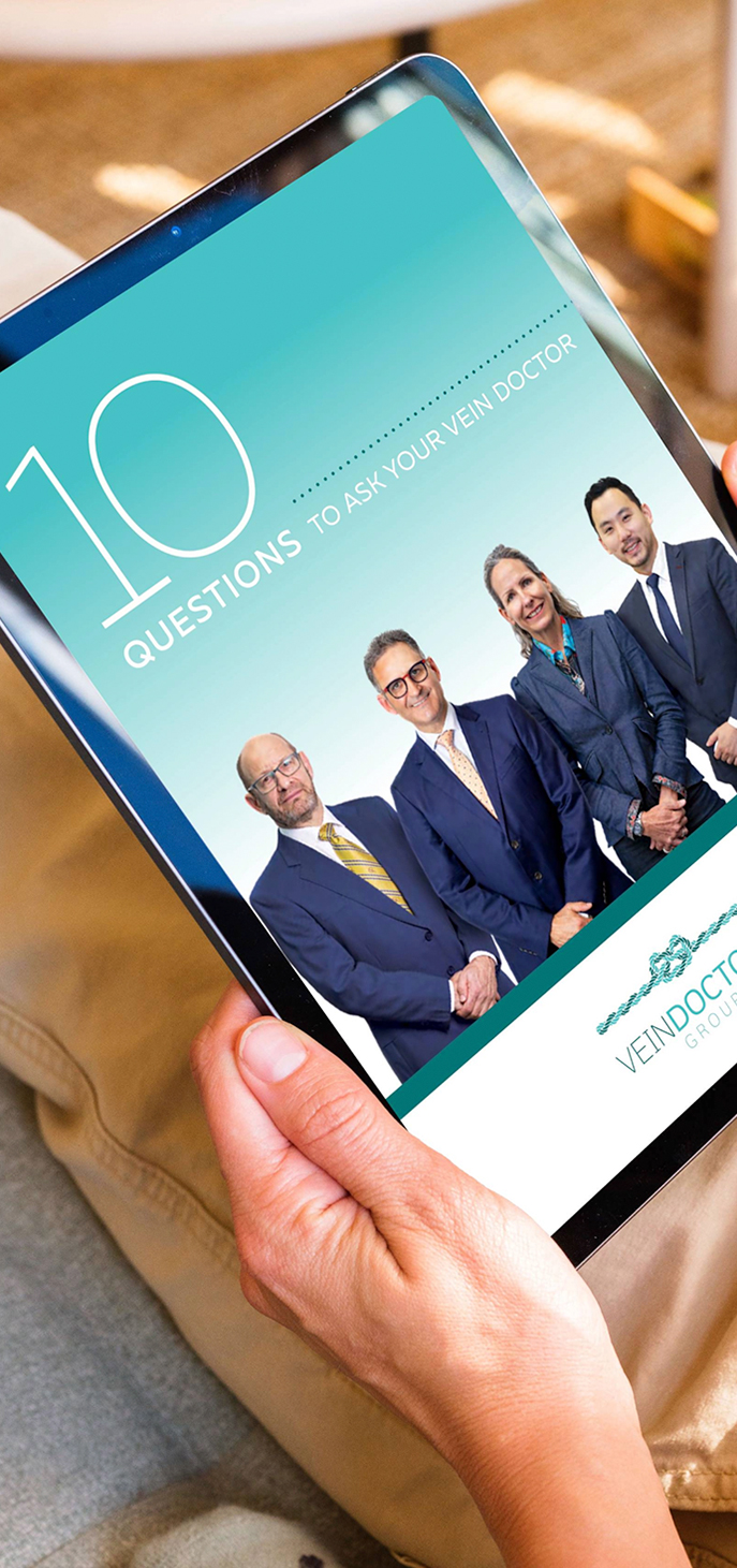 Mockup of 10 Questions to Ask your Vein Doctor brochure on tablet
